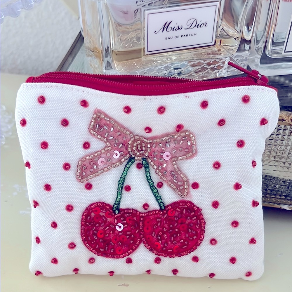 Pink Bow & Red Cherry Beaded Pouch